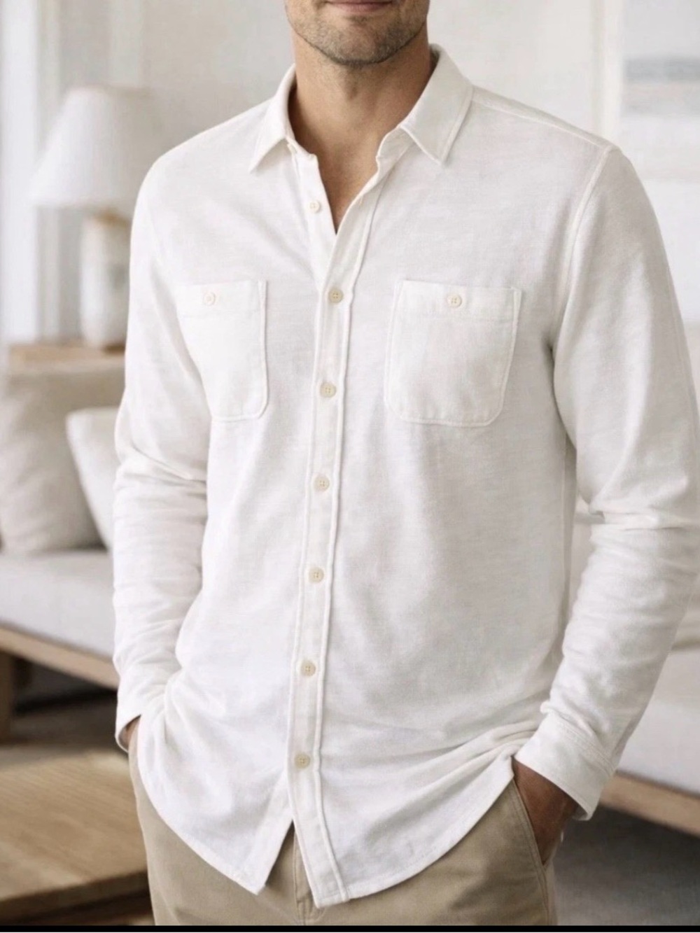 Faherty Mens Knit all Seasons Shirt large White Organic Cotton LS Button Up $148